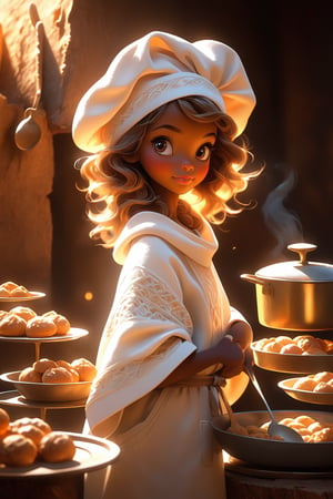 best quality, masterpiece, beautiful and aesthetic, vibrant color, Exquisite details and textures,  Warm tone, ultra realistic illustration,	(cute African- American girl, 5year old:1.5),	(baking theme:1.4), a baker's hat,	cute eyes, small eyes,	(a model look:1.4),	cinematic lighting, ambient lighting, sidelighting, cinematic shot,	siena natural ratio, children's body, anime style, 	(random view:1.4), (random poses:1.4), 	Dark blonde long bob cut with blunt bangs,	a white knit sweater, white knit Beanie, white knit gloves, 	ultra hd, realistic, vivid colors, highly detailed, UHD drawing, perfect composition, beautiful detailed intricate insanely detailed octane render trending on artstation, 8k artistic photography, photorealistic concept art, soft natural volumetric cinematic perfect light. 