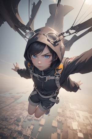 best quality, masterpiece, beautiful and aesthetic, vibrant color, Exquisite details and textures,  Warm tone, ultra realistic illustration,	(cute European boy, 7year old:1.5),	(skydiving theme:1.2),	cute eyes, big eyes,	(an angry look:1.1),	16K, (HDR:1.4), high contrast, bokeh:1.2, lens flare,	siena natural ratio, children's body, anime style, 	head to toe,	Short Blunt Cut Bob haircut,	wearing a cat hood, shorts, white turtleneck,	ultra hd, realistic, vivid colors, highly detailed, UHD drawing, perfect composition, beautiful detailed intricate insanely detailed octane render trending on artstation, 8k artistic photography, photorealistic concept art, soft natural volumetric cinematic perfect light. 