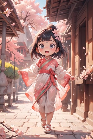 best quality, masterpiece, beautiful and aesthetic, vibrant color, Exquisite details and textures,  Warm tone, ultra realistic illustration,	(cute India girl, 6year old:1.5),	(Cherry blossom theme:1.4),	cute eyes, big eyes,	(a surprised look:1.3),	16K, (HDR:1.4), high contrast, bokeh:1.2, lens flare,	siena natural ratio, children's body, anime style, 	Full length view,	very long Straight black hair with blunt bangs,	gossamer floral mango-colored dress,	ultra hd, realistic, vivid colors, highly detailed, UHD drawing, perfect composition, beautiful detailed intricate insanely detailed octane render trending on artstation, 8k artistic photography, photorealistic concept art, soft natural volumetric cinematic perfect light. 