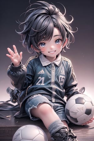 best quality, masterpiece, beautiful and aesthetic, vibrant color, Exquisite details and textures,  Warm tone, ultra realistic illustration,	(cute asian Boy, 7year old:1.5),	(Soccer theme:1.2), kicking a soccer ball,	cute eyes, big eyes,	(a beautiful smile:1.8),	16K, (HDR:1.4), high contrast, bokeh:1.2, lens flare,	siena natural ratio, children's body, anime style, 	head to toe,	Short Wave dark brown hair,	wearing a jean jacket and jeans,	ultra hd, realistic, vivid colors, highly detailed, UHD drawing, perfect composition, beautiful detailed intricate insanely detailed octane render trending on artstation, 8k artistic photography, photorealistic concept art, soft natural volumetric cinematic perfect light. 