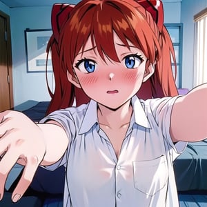 evangelion anime style,  1girl

{asuka_langley_souryuu, girl, orange long hair, blue eyes,  shy, blush, naked_shirt}

inside bedroom, incoming hug,better_hands