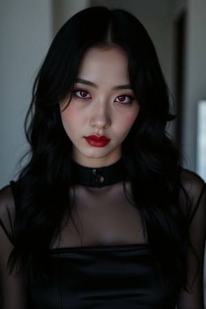 (masterpiece, best quality, photorealistic, high resolution, 8K raw photo, artstation) Half-body shot, white skin, Asian Girl, [Lisa Blackpink: Jisoo Blackpink:0.5], red eyes, elegant, thoughtful, reddish yellow lips, gothic, emo, dark, rock clothing, ((loose hair, black with white color)), good quality, cyberpunk, gothicม ทนืหะำพ