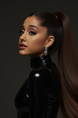 An Ariana Grande (arianagrande), upper body portrait, young, sexy, and beautiful woman, very accentuated features, perfect body with ideal proportions, perfect eyes with very long eyelashes, juicy lips, perfect smile, sensual devilish smile, smiling, sensual makeup, sinister, dark, horror, gothic, ,Realism,Epic,Movie Still,DonMn1ghtm4reXL,ink ,style, UHD, 8K, intricate, highly detailed, perfect volumetric light, epic light, urban art masterpiece, charcoal drawing, intense colors, vibrant colors, chromatic aberration, vintage style, abstract, ((upper body)), vintage_p_style, sensual, mysterious, powerful aura,vintage_p_style,GLOWING, wearing a Latex suit