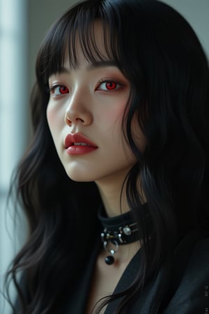 (masterpiece, best quality, photorealistic, high resolution, 8K raw photo, artstation) Half-body shot, white skin, Asian Girl, [Lisa Blackpink: Jisoo Blackpink:0.5], red eyes, elegant, thoughtful, reddish yellow lips, gothic, emo, dark, rock clothing, ((loose hair, black with white color)), good quality, cyberpunk, gothicม ทนืหะำพ