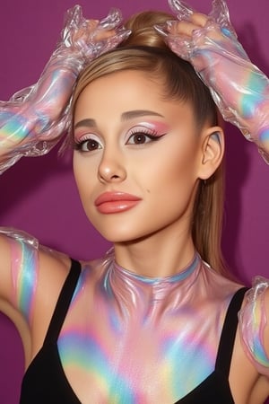 Ariana Grande(ariana grande), goth with pale skin, blonde Ponytail hair, gunge a rainbow slime (rainbowslime)