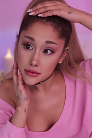 wide field of view, centered, dynamic pose, Ariana Grande(arianagrande) modern fashionable girl with expressive eyes , highly detailed, 4 k, hdr, sharp focus, high resolution, excellent composition, cinematic atmosphere, precise correct anatomy, aesthetichigh detail of the face image, pink full makeups