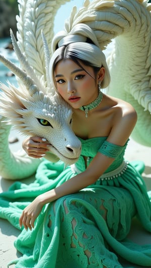 Extreme full body portrait of a woman, piercing eye, wisps of white hair visible, looking at viewer, reflecting the intricate emerald lace of her gown and the shimmering scales of a white dragon,Ariana Grande