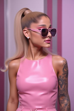 Ariana Grande(arianagrande) , Female goth with pale skin, blonde Ponytail hair , dressed in pink skrt with a pink latex cropped tanktop, pink chrome sunglasses, pink lipstick, tattooed, tattooed face, tattooed body,