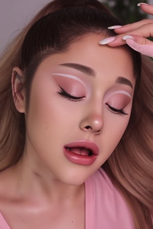 wide field of view, centered, dynamic pose, Ariana Grande(arianagrande) modern fashionable girl with expressive eyes , highly detailed, 4 k, hdr, sharp focus, high resolution, excellent composition, cinematic atmosphere, precise correct anatomy, aesthetichigh detail of the face image, pink full makeups