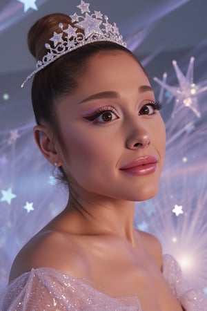 An extreme closeup of Ariana Grande as an ethereal star princess, adorned with star crystals and sparkly elements. Her face is illuminated by soft, radiant lighting, with star-shaped highlights reflecting off her skin. She wears a delicate, sparkling tiara and a shimmering gown, her expression serene and captivating. The background is filled with floating star crystals and twinkling lights, creating a magical, celestial atmosphere.,eli3