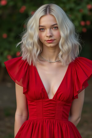 Emma Myers(emmamyers), ((Half body)) , light silver hair, photography, best quality, long shot wearing a red Flower dress