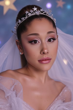 An extreme closeup of Ariana Grande as an ethereal star princess, adorned with star crystals and sparkly elements. Her face is illuminated by soft, radiant lighting, with star-shaped highlights reflecting off her skin. She wears a delicate, sparkling tiara and a shimmering gown, her expression serene and captivating. The background is filled with floating star crystals and twinkling lights, creating a magical, celestial atmosphere.,eli3