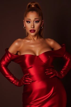 dynamic pose, Ariana Grande(arianagrande) modern fashionable girl, high resolution, precise correct anatomy, red metal dress

sexy, and beautiful woman, very accentuated features, perfect body with ideal proportions, perfect eyes with very long eyelashes, juicy lips, perfect smile, sensual devilish smile, smiling, sensual makeup, sinister,Realism, abstract, ((upper body)), sensual, mysterious, powerful aura