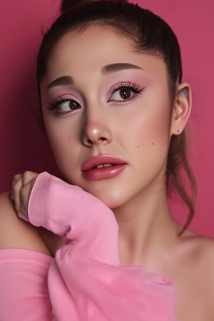 wide field of view, centered, dynamic pose, Ariana Grande(arianagrande) modern fashionable girl with expressive eyes , highly detailed, 4 k, hdr, sharp focus, high resolution, excellent composition, cinematic atmosphere, precise correct anatomy, aesthetichigh detail of the face image, pink full makeups