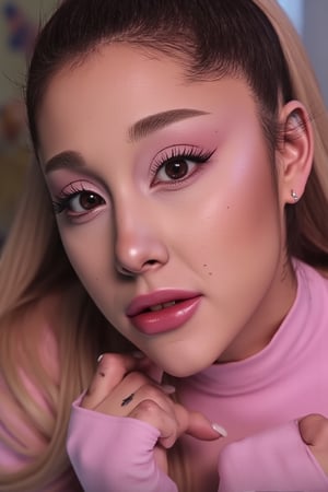 wide field of view, centered, dynamic pose, Ariana Grande(arianagrande) modern fashionable girl with expressive eyes , highly detailed, 4 k, hdr, sharp focus, high resolution, excellent composition, cinematic atmosphere, precise correct anatomy, aesthetichigh detail of the face image, pink full makeups,eli3