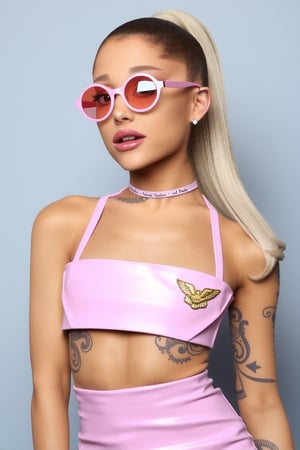 Ariana Grande(arianagrande) , Female goth with pale skin, blonde Ponytail hair , dressed in pink skrt with a pink latex cropped tanktop, pink chrome sunglasses, pink lipstick, tattooed, tattooed face, tattooed body,