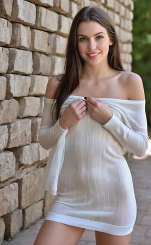 A gorgeous 18 years old girl poses against stone wall, her raven tresses spilling down like a midnight waterfall. Her porcelain skin glows beneath a (provocative and revealing see-thru pristine white sweater mini dress with bare shoulders and a deep neckline), revealing her pale skin tones. A radiant smile spreads across her face . Her slender fingers grasp her dress, the photorealistic image exuding simplicity and effortless beauty..Beautidul natural light, brilliant composition highlights her finely detailed features, including expressive eyes and a stunning visage, as if frozen in time against the mirrored backdrop.