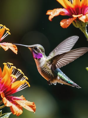 Ultra-high-speed capture of a hummingbird frozen mid-flight, wings suspended in time. Water droplets delicately orbit its beak as it sips nectar from a vibrant flower, iridescent feathers radiating sunlight. The blurred background of lush blooms provides contrast to the sharp focus on the bird's glassy eyes and intricate feather textures. 12K resolution ensures breathtaking detail, with optimal lighting casting a warm glow on the subject, while deep shadows add depth and dimensionality.