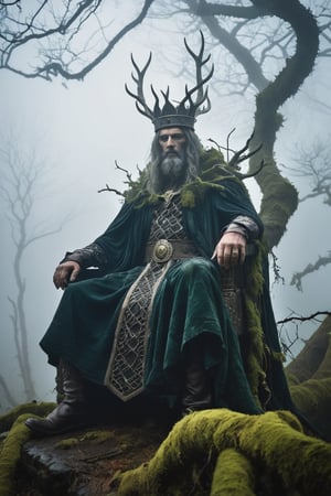 In a shrouded realm of eerie mist, an ancient king sits atop a throne, his weathered face bearing a dark, brooding expression. A jagged, branch-like thorny crown clings to his temples, its twisted branches tangled with vines and moss, as if nature itself sought to consume him. The misty veil obscures the king's features, rendering him an enigmatic figure of foreboding. Amidst this atmosphere of decay and darkness, a faint luminescence emanates from the fog, casting an otherworldly glow upon the scene.