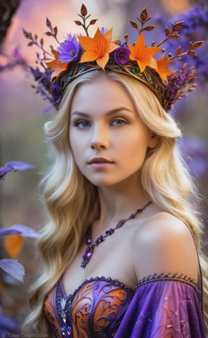 real photography, sharp, A vibrantly enchanting 18yo blonde Dryad, facing the viewer, tiara, her normal skin tone contrasting against the magical landscape filled with whimsical elements. This fantasy art photo showcases a purple and orange theme, intricately detailed with intricate patterns and captivating features. The Dryad's appearance exudes an aura of awe-inspiring beauty, drawing viewers into the mystical world depicted with stunning realism and exquisite precision.