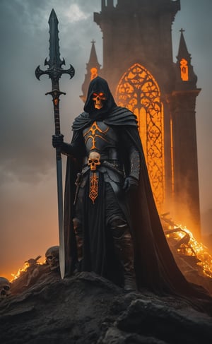 A dark, ominous shot frames a foreboding scene: a sinister figure cloaked in tattered black robes perches atop an enormous dark grey sword, its blade embedded in a pile of human skulls. Glowing orange eyes pierce through the shadows, as mist and shadow curl around the figure like a shroud. Black smoke drifts lazily, while skeletal hands adorned with ancient armor grasp the hilt of the sword, which emits a soft orange glow from runes etched along its center. The atmosphere is heavy with death and power, set against a murky grey sky that seems to mirror the darkness below.