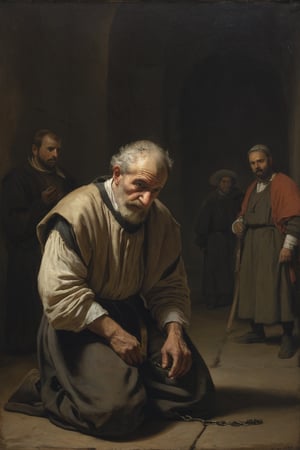 In a dimly lit 16th century Spanish square, under the watchful eyes of Inquisition priests, dramatic scene of a very old wretched beggar kneels in abject terror, his tattered clothes flapping wildly as he's brutally tortured and mocked. Oil paint strokes evoke Rembrandt's mastery, with muted colors heightening foreboding and dread. Chains bind him, as dramatic shadows dance across his distorted features, inviting the viewer into a mystifying realm of despair.