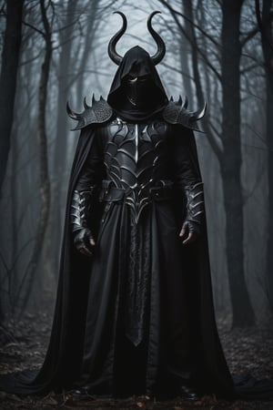 A lone reaper of night emerges from the depths of darkness, shrouded in an ominous cloak woven by slithering black serpents. His body is adorned with intricate, detailed black gothic armor that seems to absorb the faint light, while a hood conceals his face and eyes in an abyss of blackness. Deep shadows writhe around him like phantoms, punctuated by glowing runes and horns that seem to pierce the darkness. The atmosphere is heavy with foreboding, as if nuclear hazard signals a catastrophic event. In this low-key world, insane details converge to create a brilliant composition of dark majesty.