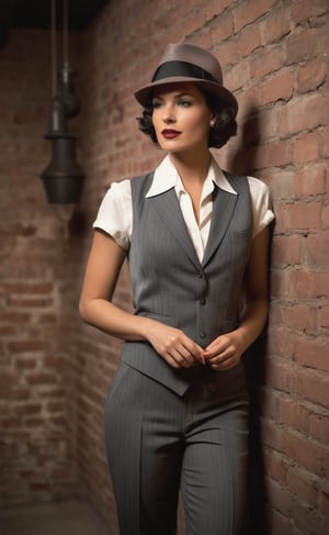 In a dimly lit, [Art Deco] speakeasy basement jazz bar, a stunning young Italian woman, dressed to impress in an elegant grey suit with vest and tight pants, poses seductively against the brick walls. Her smooth, glossy skin glistens under the soft glow of cigarette smoke-filled air. Black straight short hair frames her striking features, with eyeliner and eyeshadow accentuating her alluring gaze. A cunning smile plays on her lips, painted a light matte pink color. A trilby hat rests atop her head, complete with a pocket watch chain dangling from the waistcoat's pocket. The atmosphere is sultry, as she leans against the wall, exuding confidence and sophistication, lost in thought amidst the smoke-filled haze of the 20's gangster era.