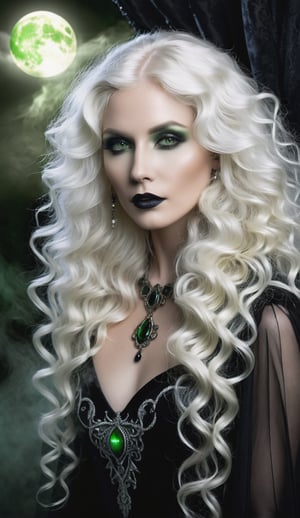 A mysterious sorceress stands amidst moonlit mist, dramatic Gothic-inspired makeup accentuating her striking green eyes as long, curly white hair cascades down her porcelain skin like a veil of secrets. Framed by golden blonde locks, her face is painted with dark hues, casting an enigmatic spell in this hauntingly beautiful tableau.