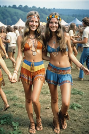 2girls, (full body), gorgeous 18 years old girls dancing, holding hands, at Woodstock Festival, 1969 s style, 1969s hippie cloth style, hipple and boho fashion 1969s, hippie chic, hippie fashion, hippie and boho fashion 1969s,  1969 s vibe, bohemian fashion, hippie, (finely detailed beautiful eyes and detailed face), (vibrant colors), intricate design, 32k, ultra hd, realistic, highly detailed,  best quality, cinematic lighting, photorealistic, hyperrealistic, high definition, extremely detailed, insane details (finely detailed beautiful eyes and detailed face), (brilliant composition), ,more detail XL