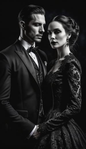 A hauntingly beautiful Gothic-inspired portrait of a gorgeous couple amidst a dark, ornate backdrop, shrouded in mystery and regret. The striking pair, dressed in somber velvet attire, stands out against the stark, black-on-black background, their faces etched with deep emotions. Dramatic shadows dance across their features, as if consumed by the darkness that surrounds them. In this 12K resolution masterpiece, every detail is rendered in exquisite detail, a testament to the power of black and white photography.