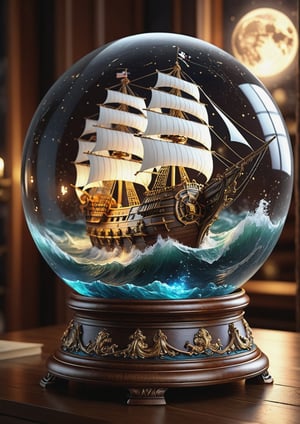 A glass sphere sculpture, concealed inside the sphere is a large Pirate Ship in a Lightning storm, large waves, in the dark, detailed image, 8k high quality detailed, the moon, shaped sphere, amazing wallpaper, digital painting highly detailed, 8k UHD detailed oil painting, beautiful art UHD, focus on full glass sphere, bokeh, background Modifiers: extremely detailed Award winning photography, fantasy studio lighting, photorealistic very attractive beautiful imperial colours ultra detailed 3D, (Very Intricate)