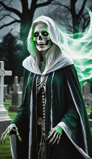 digital art, upper body, in a dimly lit, a monstrous skeletal woman with green glowing eyes and white whispy hair billowing in the wind wearing ragged white cloak screeching in a cemetery , green theme, horror (theme), best dramatic shadows, insane details, dark shot, 12k.