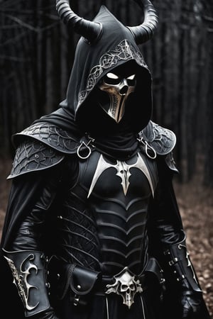 chiaroscuro, dark, a lone reaper of night, black serpents create a cloak of darkness, detailed intricate black gothic armor adorns his body, a hood obscures his face and eyes in black, deep shadows accompany him like phantoms, glowing runes, horns, low-key, nuclearhazard, insane details, brilliant composition