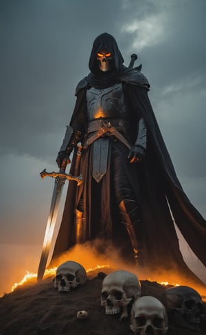 A dark, ominous shot frames a foreboding scene: a sinister figure cloaked in tattered black robes perches atop an enormous dark grey sword, its blade embedded in a pile of human skulls. Glowing orange eyes pierce through the shadows, as mist and shadow curl around the figure like a shroud. Black smoke drifts lazily, while skeletal hands adorned with ancient armor grasp the hilt of the sword, which emits a soft orange glow from runes etched along its center. The atmosphere is heavy with death and power, set against a murky grey sky that seems to mirror the darkness below.
