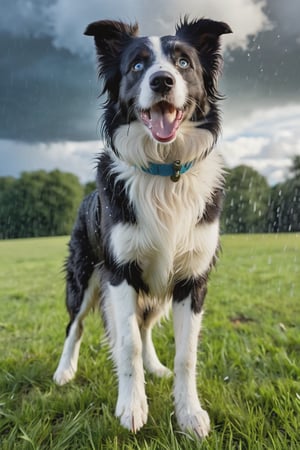 RAW photo, masterpiece, a lively scene of a Border Collie (merle color) eunning, rain, excited and alert expression, standing on a patch of grass, ready to engage in a playful activity.  sky darkening with storm clouds and a few raindrops starting to fall, creating a sense of anticipation and excitement in the air. in a beautiful park with trees swaying in the wind and the scent of rain filling the air, enthusiasm and readiness to play, highly detailed, best quality, high quality, cinematic lights, (insane detailed beautiful blue eyes and detailed face), (hyper realistic), photorealistic, 12k, insane details, (brilliant composition),more detail XL