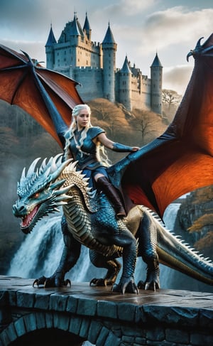 Daenerys Targaryen fly majestically on the back of her magnificent huge ice-throwing dragon in flight, its scales glistening in the vibrant light. Her full-body pose exudes confidence as she gazes out upon a castle with a stone bridge spanning a misty forest. The dark background serves as a dramatic canvas for her ultra-detailed face, finely chiseled features illuminated by cinematic lights that dance across her skin. Insane details on the dragon's scales and Daenerys' clothing shimmer in 12K HDR, while perfect composition and best illumination create an exquisitely beautiful masterpiece.