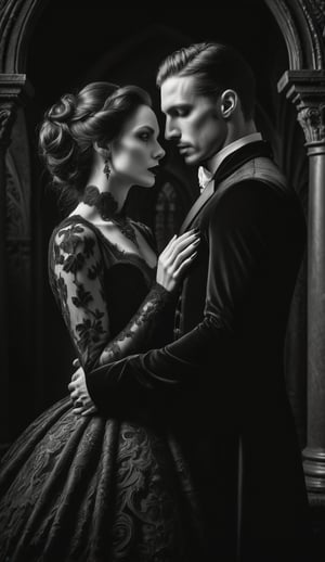 Grayscale, monochrome, a hauntingly beautiful Gothic-inspired portrait of a gorgeous couple amidst a dark, ornate backdrop, shrouded in mystery and regret. The striking pair, dressed in somber velvet attire, stands out against the stark, black-on-black background, their faces etched with deep emotions. Dramatic shadows dance across their features, as if consumed by the darkness that surrounds them. In this 12K resolution masterpiece, every detail is rendered in exquisite detail, a testament to the power of black and white photography.