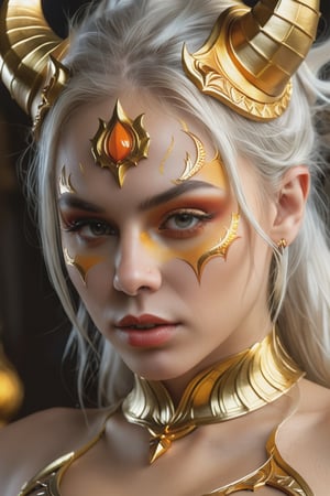 (close up), (macro), the face of a woman dressed in demon attire, in the style of light gray and light gold, vibrant illustrations, intricately sculpted, realistic hyper-detailed portraits, white and amber, queencore, depicts real life Wide range of colors., Dramatic,Dynamic,Cinematic,Sharp details Insane quality. Insane resolution. Insane details. Masterpiece. 32k resolution. insane details, (exquisitely beautiful), high definition, intricate design, brilliant composition, 