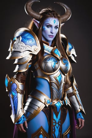 A hyper realistic photo of a Draenei female from world Of Warcraft character, wearing full plate armor with intricate designs and shoulder pads, she has long brown hair, blue eyes, the background is dark grey, the lighting is soft and warm, the mood is majestic and heroic, full body shot, full length portrait, high resolution Wide range of colors., Dramatic,Dynamic,Cinematic,Sharp details Insane quality. Insane resolution. Insane details. Masterpiece. 32k resolution.