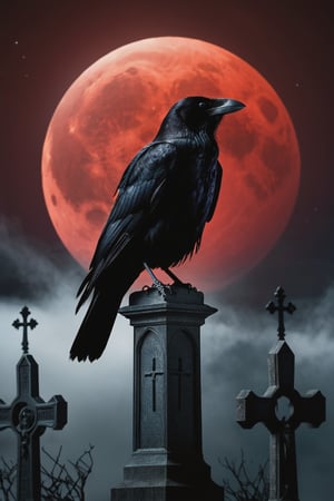 Here's a high-quality prompt for your grayscale image:

Create a stunning, volumetric close-up of the silhouette of a majestic black raven perched atop an intricately detailed gothic cross in a desolate, starless graveyard at midnight. Against the dark, gothic cemetery backdrop, the enormous bright-red moon rises majestically behind the raven's silhouetted form, perfectly framing its center on the lunar surface. The scene exudes a sense of foreboding and unease, with the black-on-black color scheme accentuating the eerie atmosphere. Render with insane attention to detail, capturing every delicate texture and nuance in the gothic architecture and the raven's sleek feathers.