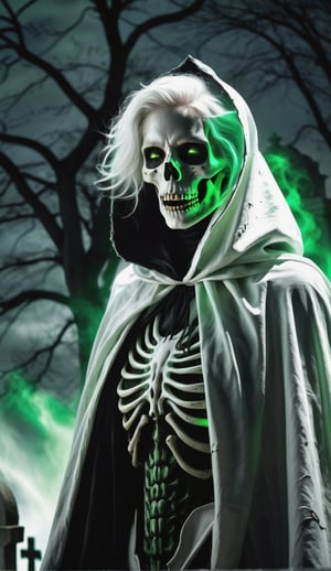 digital art, upper body, in a dimly lit, a monstrous skeletal woman with green glowing eyes and white whispy hair billowing in the wind wearing ragged white cloak screeching in a cemetery , green theme, horror (theme), best dramatic shadows, insane details, dark shot, 12k.