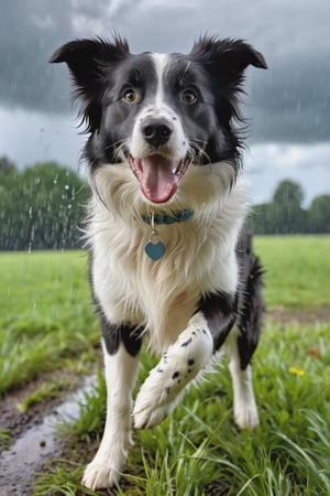 RAW photo, masterpiece, a lively scene of a Border Collie (merle) starting to play just before the rain begins.,excited and alert expression, standing on a patch of grass, ready to engage in a playful activity.  sky darkening with storm clouds and a few raindrops starting to fall, creating a sense of anticipation and excitement in the air. a natural outdoor setting, with trees swaying in the wind and the scent of rain filling the air, enthusiasm and readiness to play, highly detailed, best quality, high quality, cinematic lights, (insane detailed beautiful eyes and detailed face), (hyper realistic), photorealistic, 12k, insane details, (brilliant composition),more detail XL