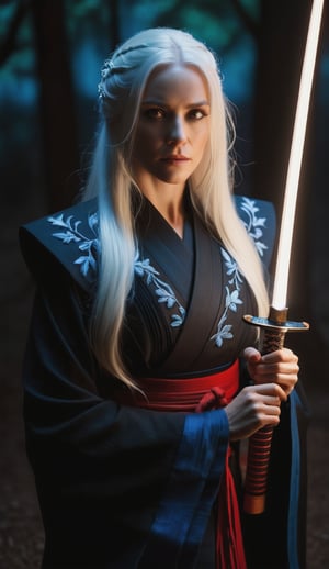 A cinematic masterpiece: Midnight Reckoning. Framed from above, a woman in black attire dominates the ultra-realistic image. Her piercing red-eyes and long white hair partially conceal her intense gaze. The subject wields a glowing blue katana, illuminated by candlelight-like softboxes, Subtle highlights on her gown's embroidery come from LED light strips. In the blurred background, sparks and embers dance in the dimly lit clearing, set against a deep, saturated color palette. The 35mm lens with F/1.2 apperture captures every detail with depth of field, while film grain noise and subtle scratch effects add realism to this ultrarealistic shot.