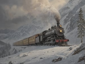 A majestic oil on canvas masterpiece depicting an early 19th century steam locomotive chugging along the snowy mountainside at dusk. Muted colors of muted greens and grays dominate the scene as the locomotive's smoke billows into the atmosphere, shrouding the majestic peaks in a mystical haze. Snow-covered trees and buildings dot the landscape, while the locomotive's wheels leave a trail of motion blur on the frozen terrain. Brilliant illumination casts long shadows, accentuating the train's dramatic pose amidst the volumetric snowy mountainscape. Hyper-realistic details abound, transporting the viewer to a bygone era of steam-powered adventure.