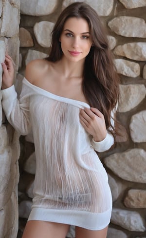 A gorgeous 18 years old girl poses against stone wall, her raven tresses spilling down like a midnight waterfall. Her porcelain skin glows beneath a (provocative and revealing see-thru pristine white sweater mini dress with bare shoulders and a deep neckline), revealing her pale skin tones. A radiant smile spreads across her face . Her slender fingers grasp her dress, the photorealistic image exuding simplicity and effortless beauty..Beautidul natural light, brilliant composition highlights her finely detailed features, including expressive eyes and a stunning visage, as if frozen in time against the mirrored backdrop.