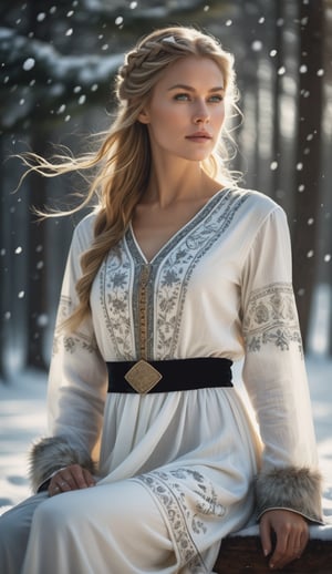 In this breathtakingly detailed digital portrait, an enigmatic  Viking woman sits majestically amidst a serene snowfall, her exquisite velvet white shirt dress with intricately printed designs flowing elegantly around her. The soft afternoon light, reminiscent of film photography, casts a warm glow, reflecting off the snow and bathing her in a peaceful ambiance. Her poised pose exudes confidence and poise, while her captivating eyes gaze directly at the viewer, establishing a personal connection. Every fold of her dress, every delicate feature, is brought to life with ultra-realistic precision, showcasing her natural beauty against the dark, ominous backdrop.