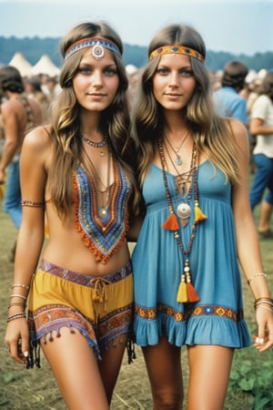 2girls, (full body), gorgeous 18 years old girls dancing, holding hands, at Woodstock Festival, 1969 s style, 1969s hippie cloth style, hipple and boho fashion 1969s, hippie chic, hippie fashion, hippie and boho fashion 1969s,  1969 s vibe, bohemian fashion, hippie, (finely detailed beautiful eyes and detailed face), (vibrant colors), intricate design, 32k, ultra hd, realistic, highly detailed,  best quality, cinematic lighting, photorealistic, hyperrealistic, high definition, extremely detailed, insane details (finely detailed beautiful eyes and detailed face), (brilliant composition), ,more detail XL