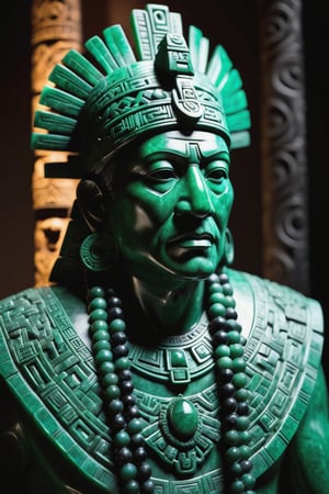 A somber, dark-framed jade sculpture of a (Aztec elder's upper body), rendered in exquisite detail on a rich jade sculpture. Bold black outlines define the subject's features, as he looks away with a defeated gaze, his eyes and face a masterpiece of intricate details. The bright backlighting accentuates the traditional patterns adorning his jade clothes and accessories. In the extreme background, the composition converges to create an immersive, Indigenous-inspired scene, showcasing 12K-level detail and insane attention to minute particulars.