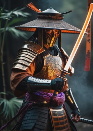 In a dimly lit, ethereal smoky backdrop, a full body Cyborg Samurai stands defiantly, leaning forward with a drunken fist clutched around an oversized sedge hat. The macro lens captures the intricate details of their translucent amber cyborg visage, illuminated by atmospheric haze and eye-catching light leaks. A katana glows in mid-air, its translucent orange/purple/black hue shimmering like molten lava. The shallow depth of field isolates the subject, while film grain and cinematic texture, vintage RAW photo., the Cyborg Samurai exudes a sense of moody grandeur in this photorealistic, high-budget cinemascope image.